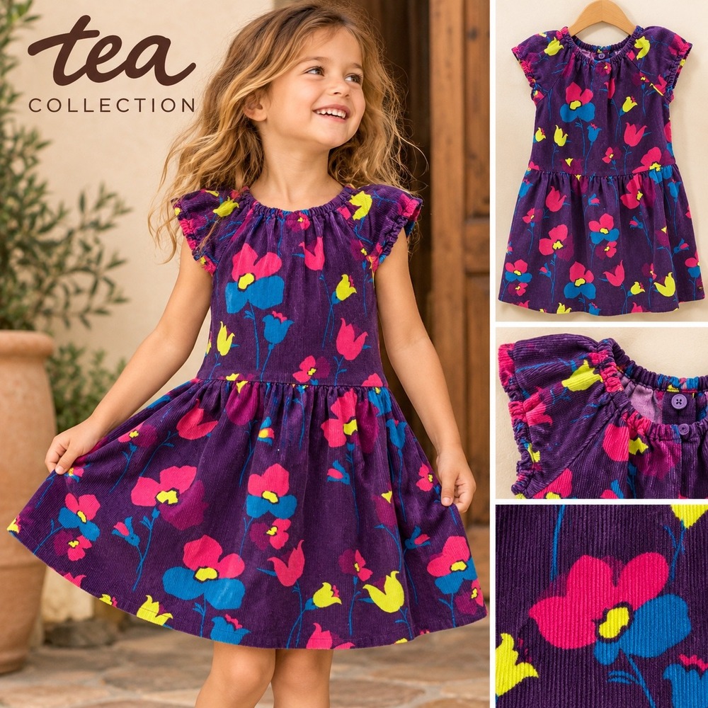 Tea Collection Girls Purple Floral Corduroy Ruffle Cap Sleeve Dress Size 4